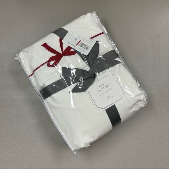 Monique Lhuillier Potterybarn Nell Embroidered Bow Sheet Set King White Red NEW - Picture 1 of 4